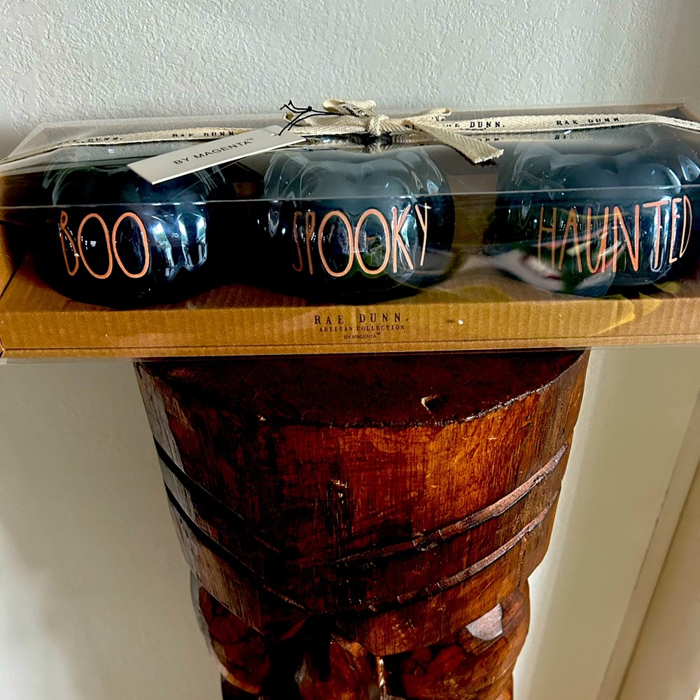 Brand New Rae Dunn Pumpkin Tea Light Holder Set of 3 “Boo, Spooky,Haunted”